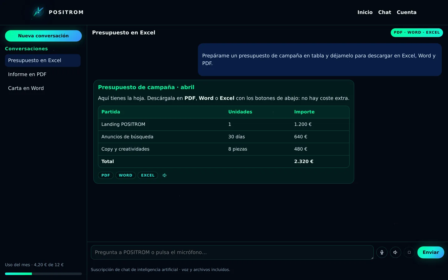 Respuesta de POSITROM con tabla y botones para descargar PDF, Word y Excel