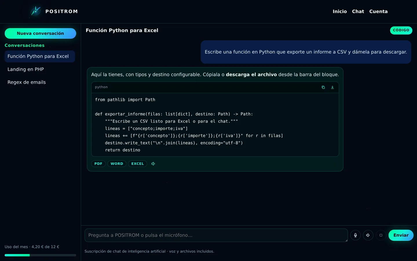 Respuesta de POSITROM con código listo para copiar o descargar