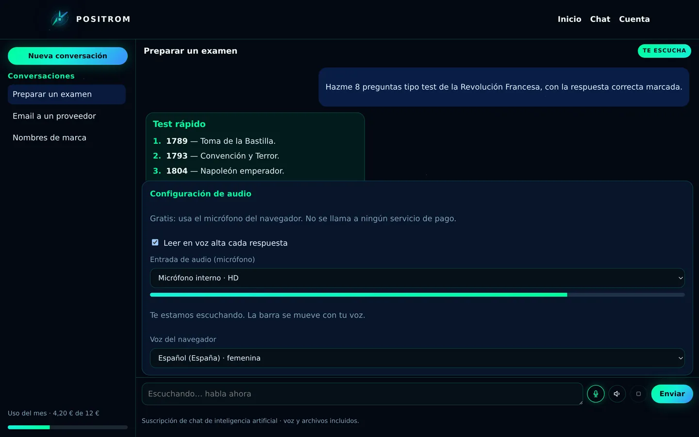 Panel de audio de POSITROM escuchando el micrófono