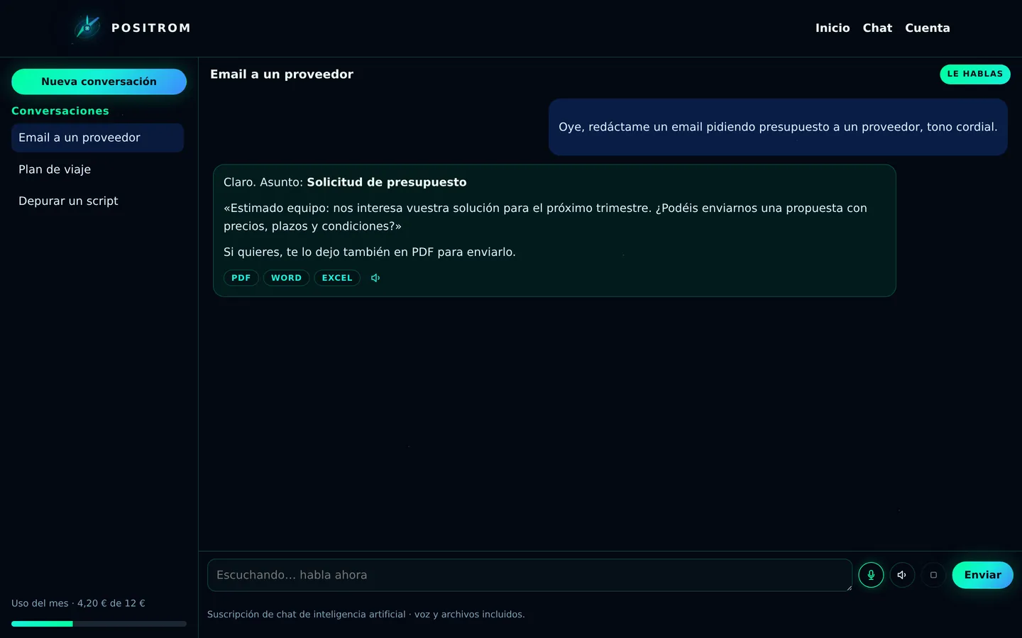 Chat POSITROM con el micrófono activo para hablar por voz