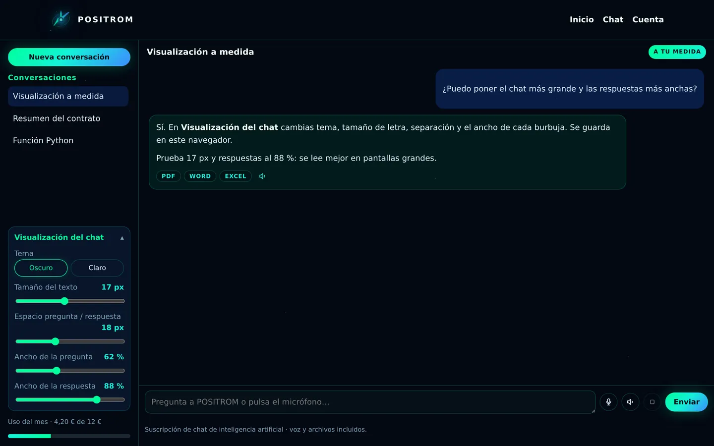 Panel de visualización para personalizar el chat POSITROM