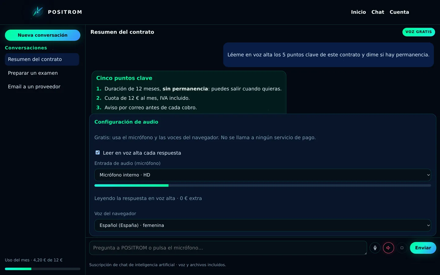 POSITROM leyendo una respuesta en voz alta sin coste extra